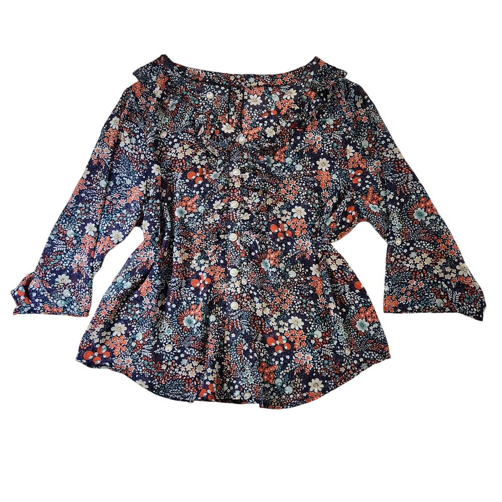 Sheer Floral Ruffle Button Blouse Top women's Size L